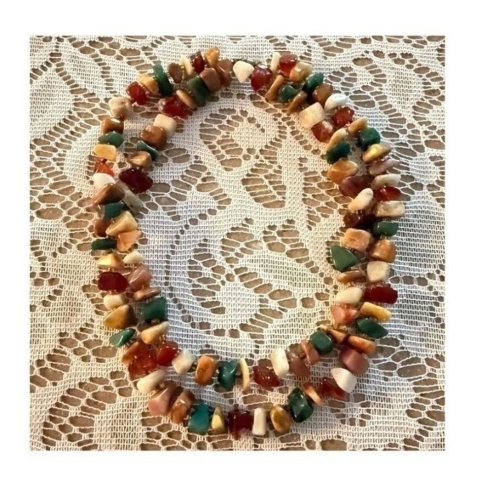 Vintage Multi Gemstone Chip Necklace Women Brown Green Tan Red White Boho